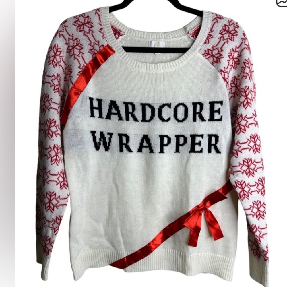 Charming Charlie XL “Hardcore Wrapper” Christmas Festive White and Red Sweater